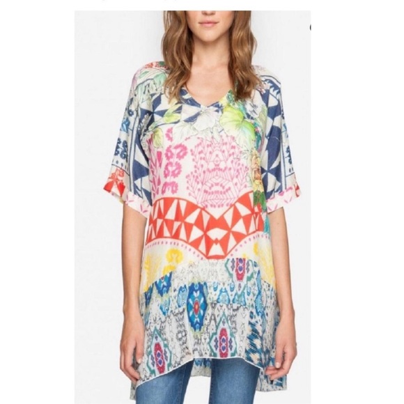 Johnny Was Tops - Johnny Was Butterfly V-Neck Tunic Top Graphic Sheer Patch Print Shirt 2X